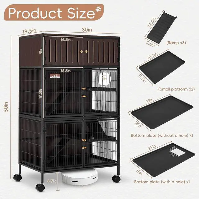 Alt view image 3 of 7 - 50''H Metal Large Ferret Cage, Rolling Chinchilla Cage with Removable Ramps& Double Door, with Locker, Small Animal Cage Indoor Wooden Pet Crate Furniture