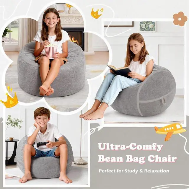 Alt view image 6 of 7 - 2FT Bean Bag Chair, Small BeanBag Chairs with Memory Foam Filled, Ultra-Soft Velvet Bean Bag Chair with Portable Handle, Comfy Bean Bag Sofa for Living Room, No Assembly - Light Grey
