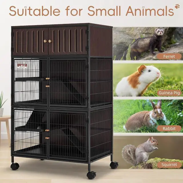 Alt view image 4 of 7 - 50''H Metal Large Ferret Cage, Rolling Chinchilla Cage with Removable Ramps& Double Door, with Locker, Small Animal Cage Indoor Wooden Pet Crate Furniture