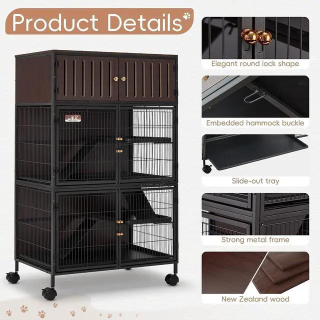 Alt view image 5 of 7 - 50''H Metal Large Ferret Cage, Rolling Chinchilla Cage with Removable Ramps& Double Door, with Locker, Small Animal Cage Indoor Wooden Pet Crate Furniture