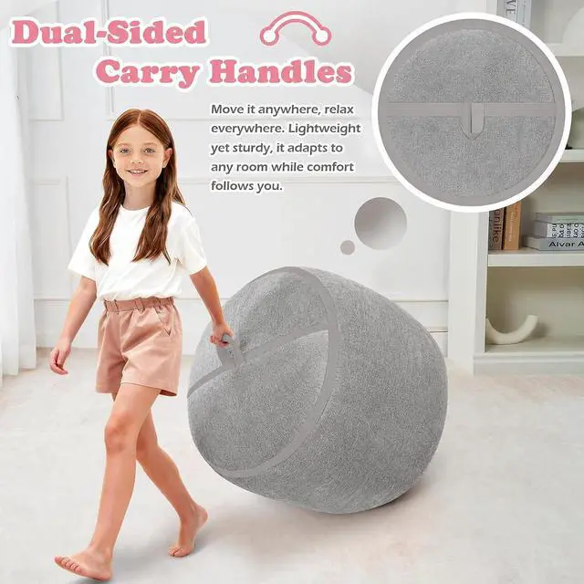 Alt view image 7 of 7 - 2FT Bean Bag Chair, Small BeanBag Chairs with Memory Foam Filled, Ultra-Soft Velvet Bean Bag Chair with Portable Handle, Comfy Bean Bag Sofa for Living Room, No Assembly - Light Grey