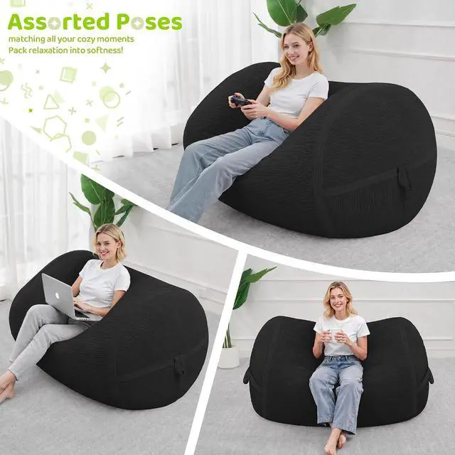 Alt view image 5 of 6 - Bean Bag Chair, 4FT Large Bean Bag Chair with Removable Cover, Comfy Beanbag Chair with Memory Foam Filling, Bean Bag Sofa for Living Room Bedroom Reading Room, Black