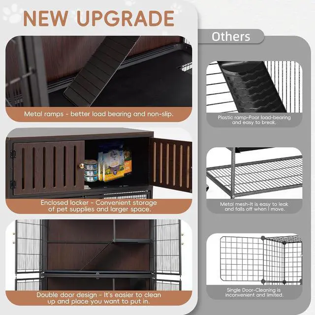Alt view image 6 of 7 - 50''H Metal Large Ferret Cage, Rolling Chinchilla Cage with Removable Ramps& Double Door, with Locker, Small Animal Cage Indoor Wooden Pet Crate Furniture