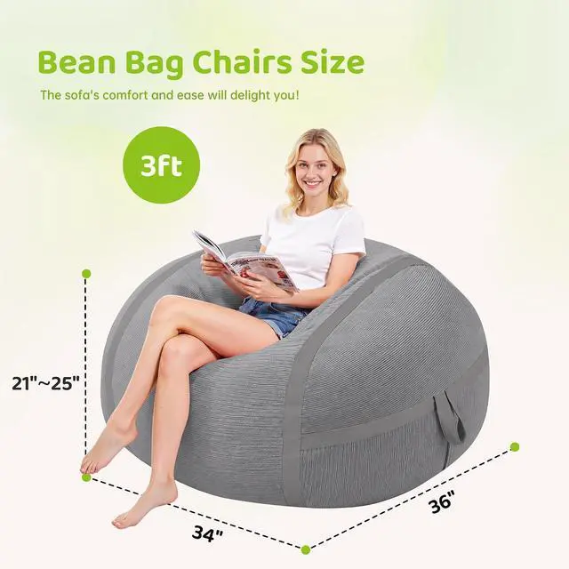 Alt view image 2 of 7 - Bean Bag Chair, 3FT Large Bean Bag Chair with Removable Cover, Comfy Beanbag Chair with Memory Foam Filling, Bean Bag Sofa for Living Room Bedroom Reading Room, Light Grey