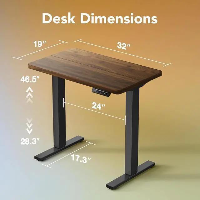 Alt view image 2 of 7 - 32" Small Electric Standing Desk Adjustable Height, 4 Memory Height Settings, Sit Stand Up Desk for Home Office & Computer Workstation, Black Walnut