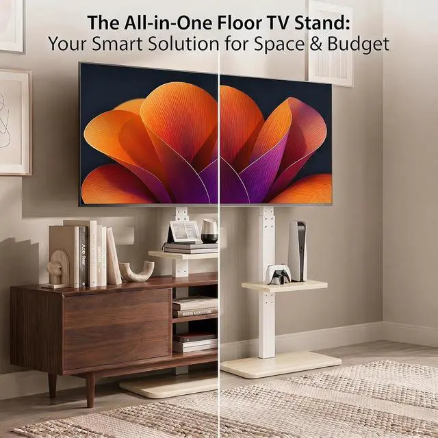 Alt view image 6 of 7 - Floor TV Stand with Power Outlet, Universal TV Stand for 32-75 inch TVs up to 110 lbs, Tall TV Mount for Bedroom with Shelf, Wood Base, Height Adjustable, Max VESA 600x400mm, White, PGFS06W