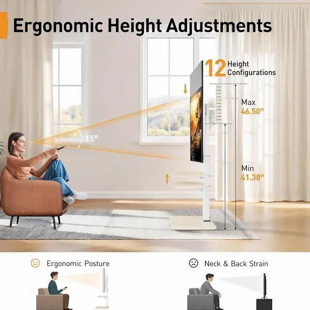 Alt view image 5 of 7 - Floor TV Stand with Power Outlet, Universal TV Stand for 32-75 inch TVs up to 110 lbs, Tall TV Mount for Bedroom with Shelf, Wood Base, Height Adjustable, Max VESA 600x400mm, White, PGFS06W