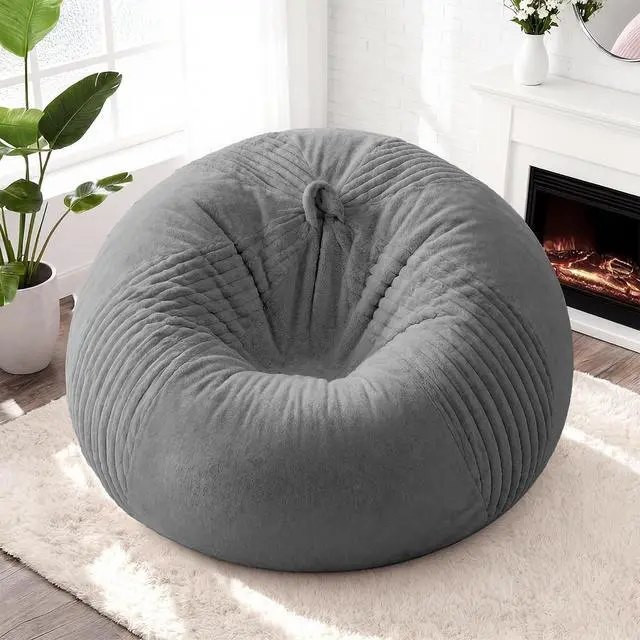 Alt view image 3 of 7 - 4FT Bean Bag Chairs Teardrop Bean Bag Chairs for Adults Beanbag Chair with Memory Foam Filled Soft Stripe Leaf alongside Plush Faux Fur Washable Cover for Dorm, Bedroom(Stripe DGY)