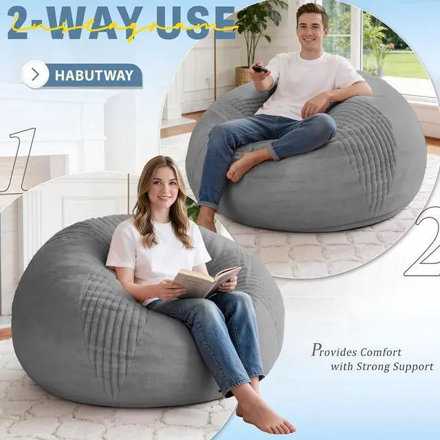 Alt view image 4 of 7 - 4FT Bean Bag Chairs Teardrop Bean Bag Chairs for Adults Beanbag Chair with Memory Foam Filled Soft Stripe Leaf alongside Plush Faux Fur Washable Cover for Dorm, Bedroom(Stripe DGY)