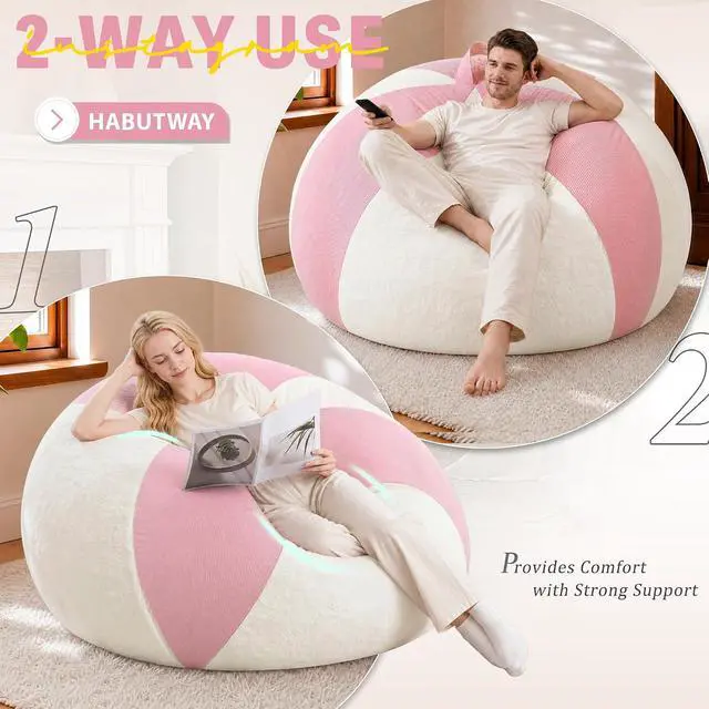 Alt view image 4 of 7 - 4FT Bean Bag Chair Teardrop Bean Bag Chairs for Adults beanbag with Memory Foam Filled, Dual-Tone Unique Combination Corduroy & Luxury Distressed Velvet Washable Cover,Corduroy Pink & White