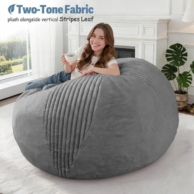 Alt view image 5 of 7 - 4FT Bean Bag Chairs Teardrop Bean Bag Chairs for Adults Beanbag Chair with Memory Foam Filled Soft Stripe Leaf alongside Plush Faux Fur Washable Cover for Dorm, Bedroom(Stripe DGY)