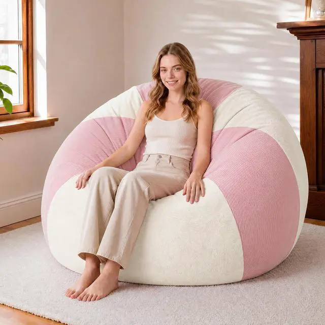 Main image of 4FT Bean Bag Chair Teardrop Bean Bag Chairs for Adults beanbag with Memory Foam Filled, Dual-Tone Unique Combination Corduroy & Luxury Distressed Velvet Washable Cover,Corduroy Pink & White