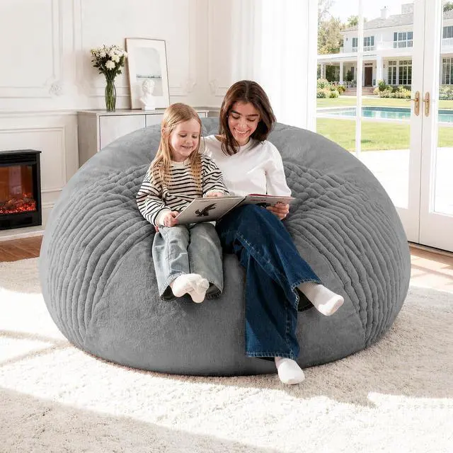 Alt view image 7 of 7 - 4FT Bean Bag Chairs Teardrop Bean Bag Chairs for Adults Beanbag Chair with Memory Foam Filled Soft Stripe Leaf alongside Plush Faux Fur Washable Cover for Dorm, Bedroom(Stripe DGY)