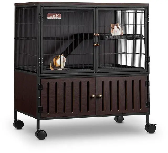 Main image of 36.5''H Metal Large Ferret Cage, Rolling Chinchilla Cage with Removable Ramps& Double Door, with Locker, Small Animal Cage, Rat Indoor Wooden Pet Crate Furniture