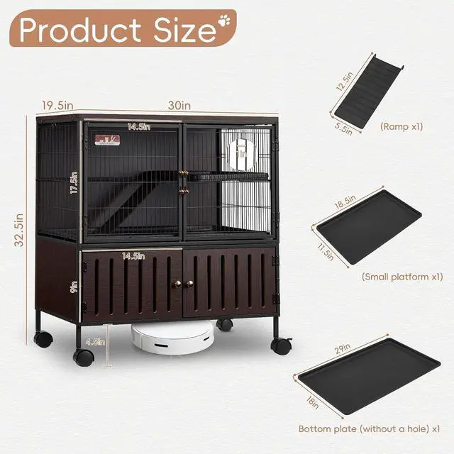 Alt view image 2 of 7 - 36.5''H Metal Large Ferret Cage, Rolling Chinchilla Cage with Removable Ramps& Double Door, with Locker, Small Animal Cage, Rat Indoor Wooden Pet Crate Furniture