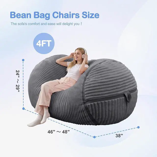 Alt view image 2 of 6 - Bean Bag Chair 4FT Large Bean Bag Chairs for Adults with Memory Foam Filled,4'Beanbag Chair with Soft Faux Fur Cover,Comfy Bean Bag Sofa for Classroom,Living Room,Game Room,Bedroom-Dark Grey