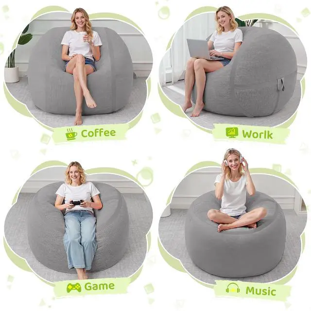 Alt view image 5 of 7 - Bean Bag Chair, 3FT Large Bean Bag Chair with Removable Cover, Comfy Beanbag Chair with Memory Foam Filling, Bean Bag Sofa for Living Room Bedroom Reading Room, Light Grey