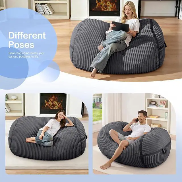Alt view image 4 of 6 - Bean Bag Chair 4FT Large Bean Bag Chairs for Adults with Memory Foam Filled,4'Beanbag Chair with Soft Faux Fur Cover,Comfy Bean Bag Sofa for Classroom,Living Room,Game Room,Bedroom-Dark Grey