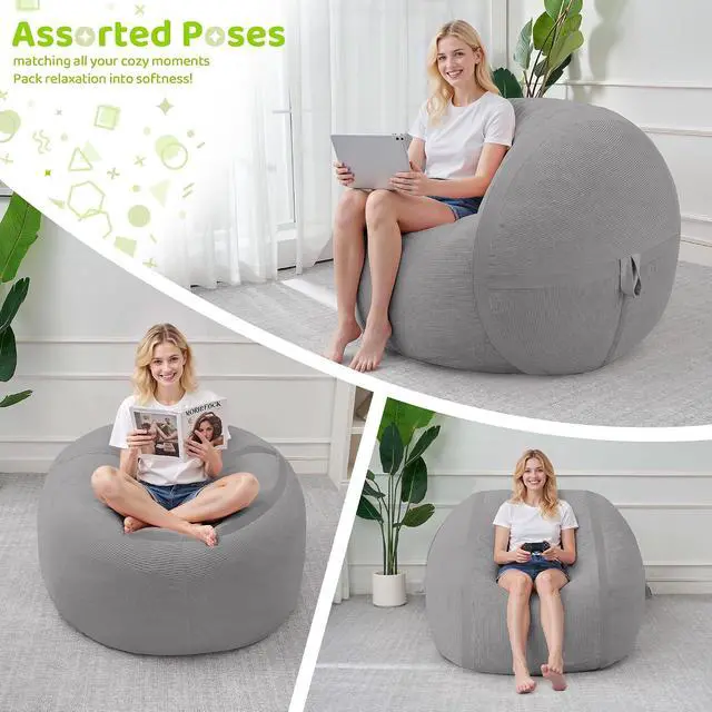 Alt view image 6 of 7 - Bean Bag Chair, 3FT Large Bean Bag Chair with Removable Cover, Comfy Beanbag Chair with Memory Foam Filling, Bean Bag Sofa for Living Room Bedroom Reading Room, Light Grey