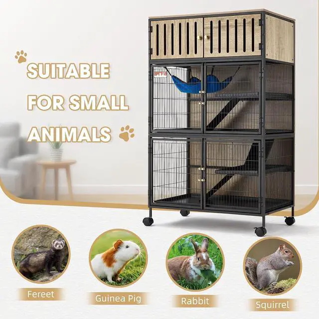 Alt view image 4 of 7 - Metal Large Guinea Pig Cages 5 Levels, 50.0" H Rolling Ferret Cage with Removable Ramps & Double Door, Cage with Locker, Squirrel Cage Christmas Decoration Pet Crate Furniture