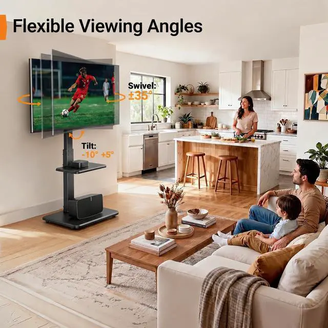 Alt view image 4 of 7 - Floor TV Stand with Power Outlet, Universal TV Stand for 32-75 inch TVs up to 110 lbs, Height Adjustable Standing TV Mount, Tall TV Mount with Wood Base, Max VESA 600x400mm, PGFS06