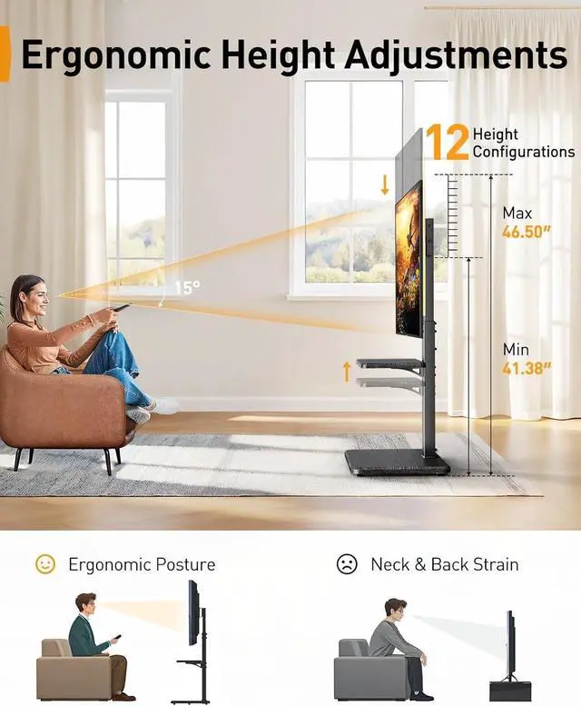 Alt view image 5 of 7 - Floor TV Stand with Power Outlet, Universal TV Stand for 32-75 inch TVs up to 110 lbs, Height Adjustable Standing TV Mount, Tall TV Mount with Wood Base, Max VESA 600x400mm, PGFS06