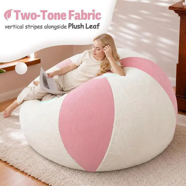 Alt view image 5 of 7 - 4FT Bean Bag Chair Teardrop Bean Bag Chairs for Adults beanbag with Memory Foam Filled, Dual-Tone Unique Combination Corduroy & Luxury Distressed Velvet Washable Cover,Corduroy Pink & White