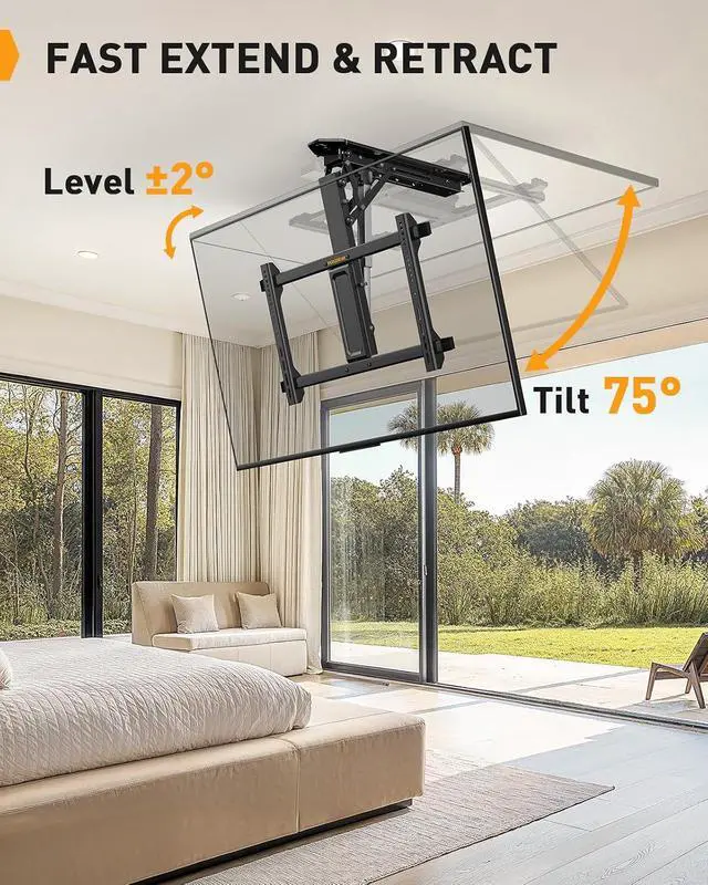 Alt view image 2 of 7 - Electric Ceiling TV Mount with Remote for 32-70 inch Flat and Curved Screen TVs up to 88 lbs, Max VESA 600x400, Motorized TV Ceiling Mount Flip Down for Flat Roof, Drop Down Ceiling Mount