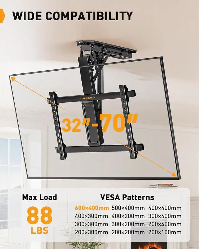 Alt view image 5 of 7 - Electric Ceiling TV Mount with Remote for 32-70 inch Flat and Curved Screen TVs up to 88 lbs, Max VESA 600x400, Motorized TV Ceiling Mount Flip Down for Flat Roof, Drop Down Ceiling Mount