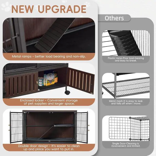 Alt view image 5 of 7 - 36.5''H Metal Large Ferret Cage, Rolling Chinchilla Cage with Removable Ramps& Double Door, with Locker, Small Animal Cage, Rat Indoor Wooden Pet Crate Furniture