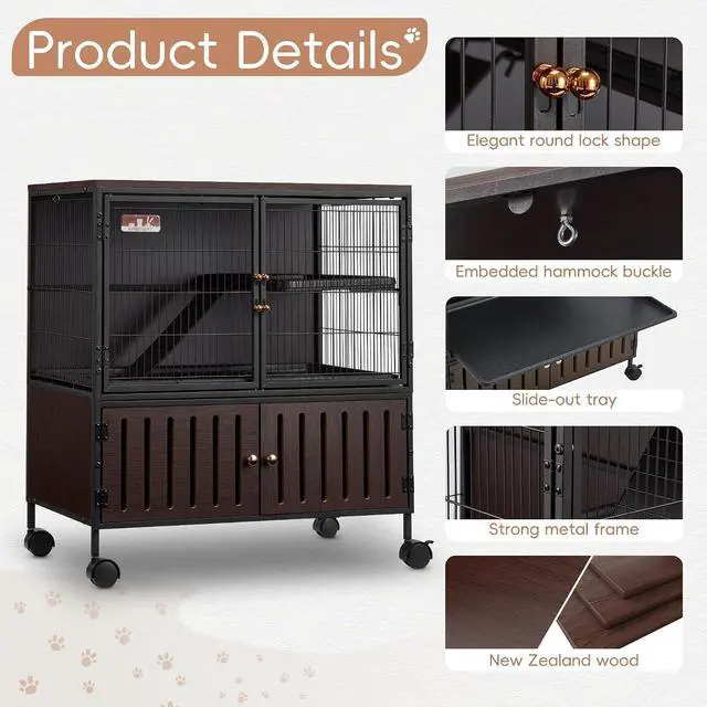 Alt view image 6 of 7 - 36.5''H Metal Large Ferret Cage, Rolling Chinchilla Cage with Removable Ramps& Double Door, with Locker, Small Animal Cage, Rat Indoor Wooden Pet Crate Furniture