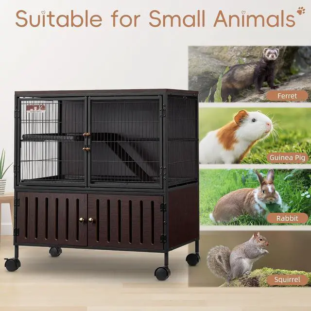 Alt view image 7 of 7 - 36.5''H Metal Large Ferret Cage, Rolling Chinchilla Cage with Removable Ramps& Double Door, with Locker, Small Animal Cage, Rat Indoor Wooden Pet Crate Furniture