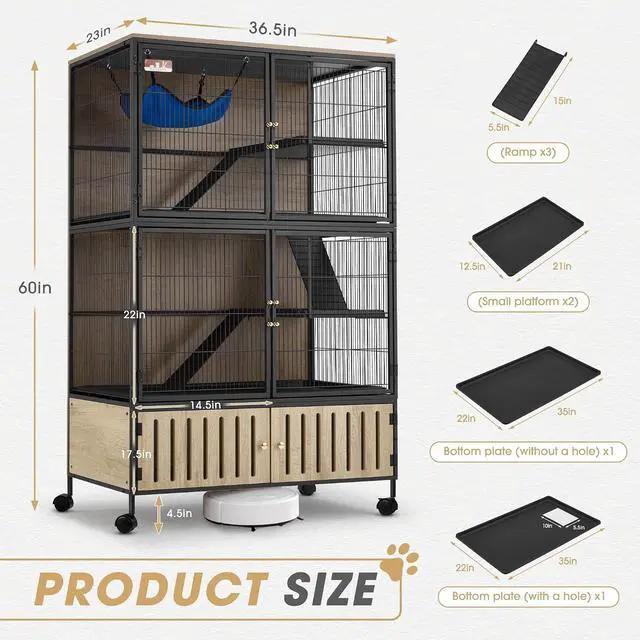 Alt view image 2 of 7 - Metal Large Guinea Pig Cages 5 Levels, 60.0" H Rolling Ferret Cage with Removable Ramps & Double Door, Cage with Locker, Squirrel Cage Christmas Decoration Pet Crate Furniture