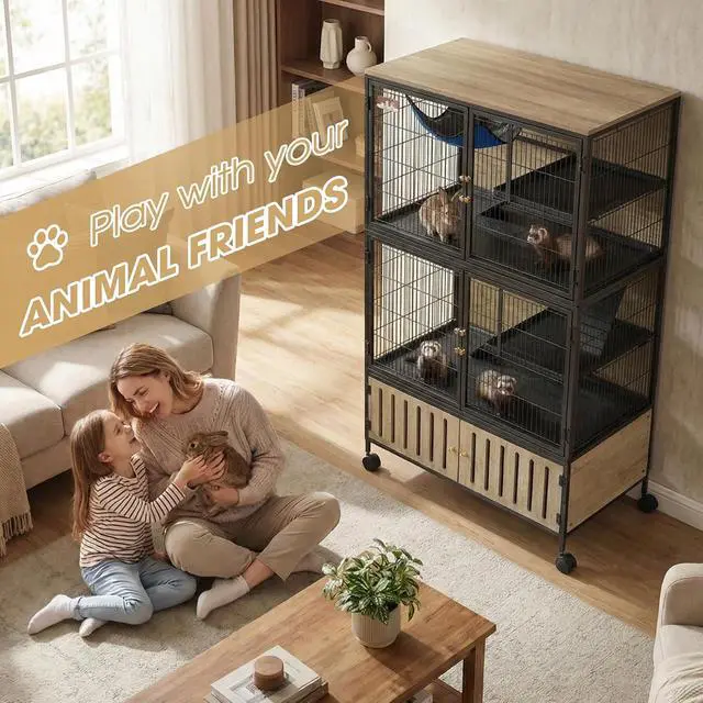 Alt view image 3 of 7 - Metal Large Guinea Pig Cages 5 Levels, 60.0" H Rolling Ferret Cage with Removable Ramps & Double Door, Cage with Locker, Squirrel Cage Christmas Decoration Pet Crate Furniture