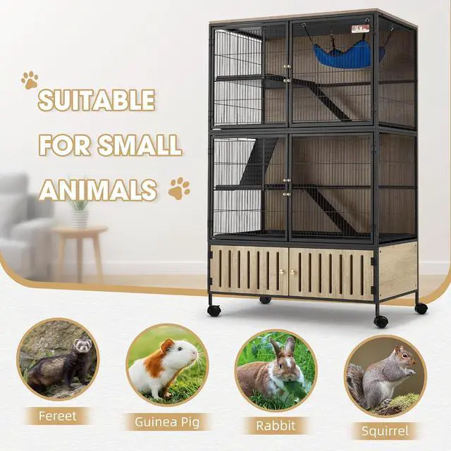 Alt view image 4 of 7 - Metal Large Guinea Pig Cages 5 Levels, 60.0" H Rolling Ferret Cage with Removable Ramps & Double Door, Cage with Locker, Squirrel Cage Christmas Decoration Pet Crate Furniture