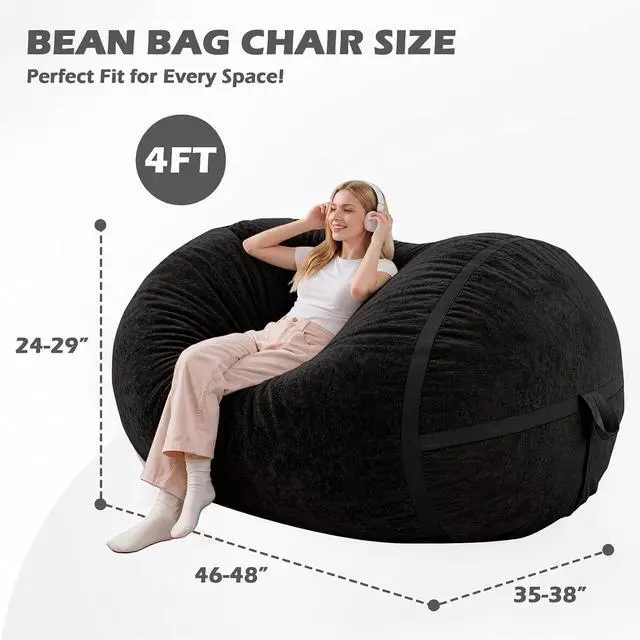 Alt view image 2 of 6 - 4FT Bean Bag Chair, Large BeanBag Chairs with Memory Foam Filled, Ultra-Soft Velvet with Portable Handle & Removable Cover, Comfy Bean Bag Sofa for Living Room, No Assembly - Black