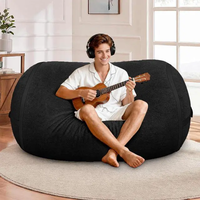 Alt view image 3 of 6 - 4FT Bean Bag Chair, Large BeanBag Chairs with Memory Foam Filled, Ultra-Soft Velvet with Portable Handle & Removable Cover, Comfy Bean Bag Sofa for Living Room, No Assembly - Black