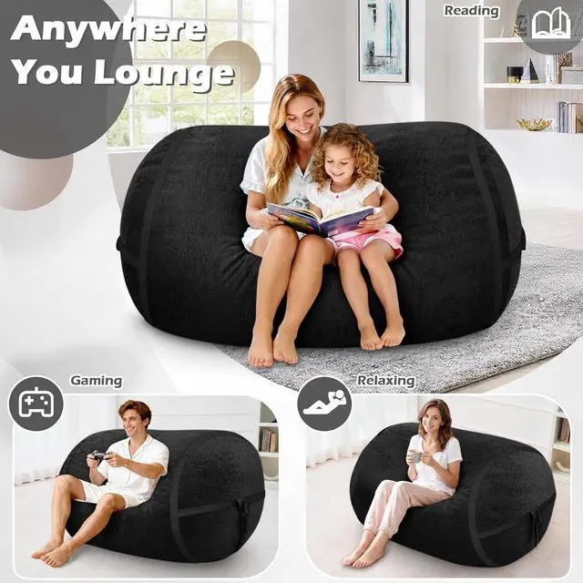 Alt view image 4 of 6 - 4FT Bean Bag Chair, Large BeanBag Chairs with Memory Foam Filled, Ultra-Soft Velvet with Portable Handle & Removable Cover, Comfy Bean Bag Sofa for Living Room, No Assembly - Black