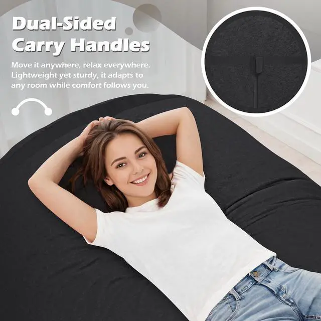 Alt view image 5 of 6 - 4FT Bean Bag Chair, Large BeanBag Chairs with Memory Foam Filled, Ultra-Soft Velvet with Portable Handle & Removable Cover, Comfy Bean Bag Sofa for Living Room, No Assembly - Black