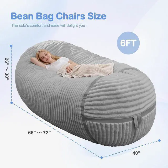 Alt view image 2 of 6 - Bean Bag Chair 6FT Giant Bean Bag Chairs for Adults with Memory Foam Filled,6'Beanbag Chair with Soft Faux Fur Cover, Bean Bag Bed Bean Bag Sofa Lounger for Living Room,Bedroom-Light Grey