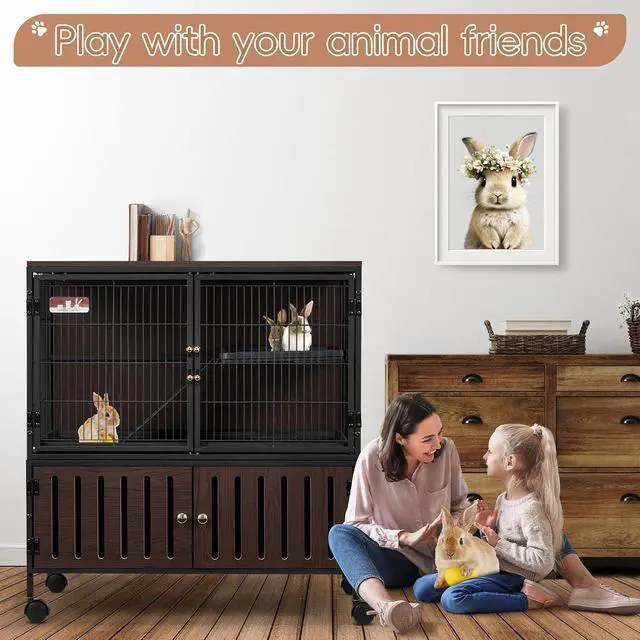 Alt view image 3 of 7 - 36.5''H Metal Large Ferret Cage, Rolling Chinchilla Cage with Removable Ramps& Double Door, with Locker, Small Animal Cage, Rat Indoor Wooden Pet Crate Furniture