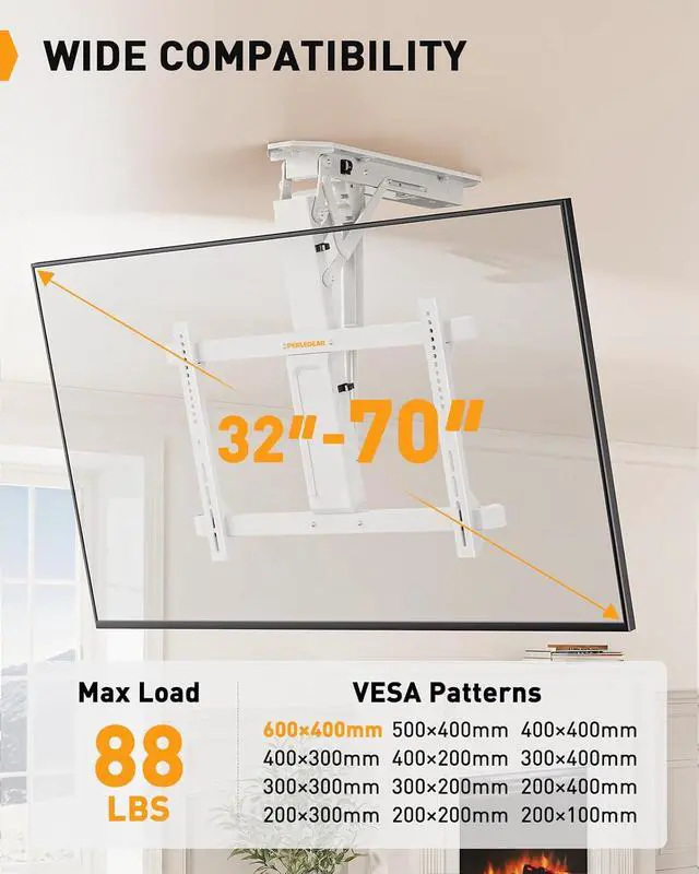 Alt view image 2 of 7 - Electric Ceiling TV Mount with Remote for 32-70 inch Flat and Curved Screen TVs up to 88 lbs, Max VESA 600x400, Motorized TV Ceiling Mount Flip Down for Flat Roof, Drop Down Ceiling Mount