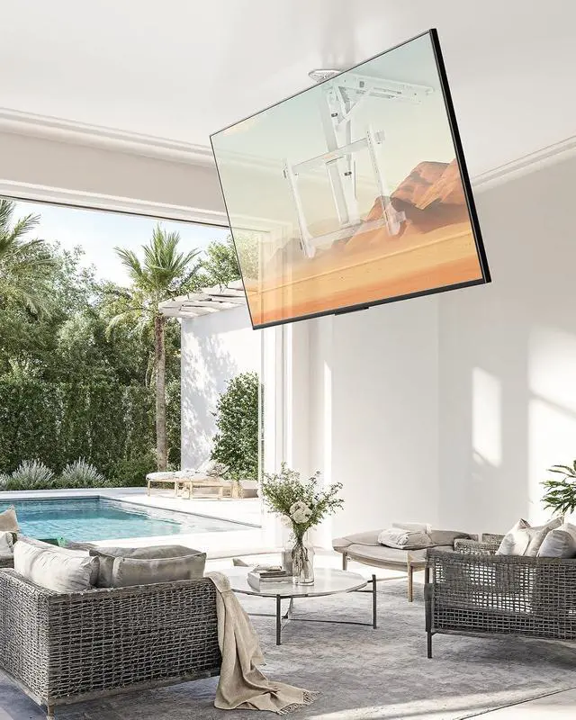 Alt view image 7 of 7 - Electric Ceiling TV Mount with Remote for 32-70 inch Flat and Curved Screen TVs up to 88 lbs, Max VESA 600x400, Motorized TV Ceiling Mount Flip Down for Flat Roof, Drop Down Ceiling Mount