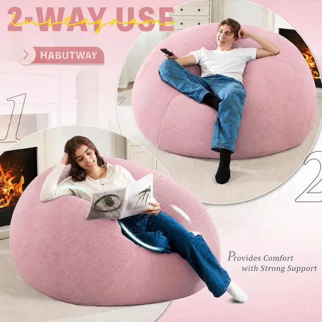 Alt view image 4 of 7 - 5FT Bean Bag Chair Teardrop Bean Bag Chairs for Adults beanbag with Memory Foam Filled with Dual-Tone Unique Combination Corduroy & Luxury Distressed Velvet Washable Cover,Velvet Pink