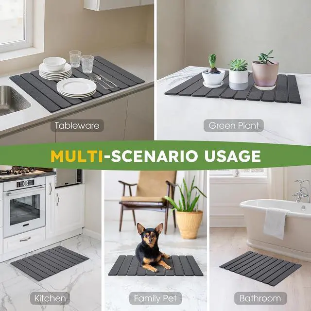 Alt view image 2 of 7 - Large Stone Dish Drying Mat for Kitchen Counter 24"×16" Collapsible Diatomaceous Earth Mat, Ultra Absorbent & Quick Dry, Foldable Drying Pad for Dishes, Bottles, Cups (Dark Grey)