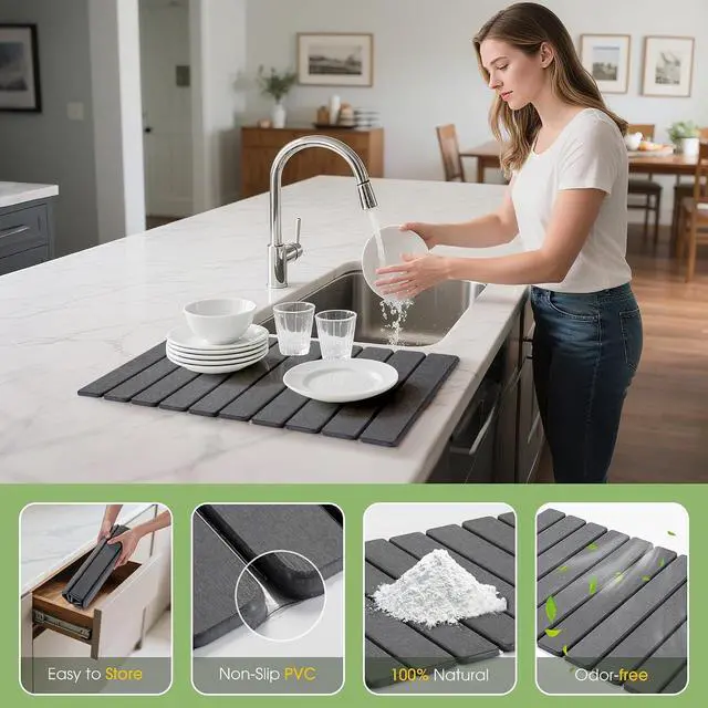 Alt view image 4 of 7 - Large Stone Dish Drying Mat for Kitchen Counter 24"×16" Collapsible Diatomaceous Earth Mat, Ultra Absorbent & Quick Dry, Foldable Drying Pad for Dishes, Bottles, Cups (Dark Grey)
