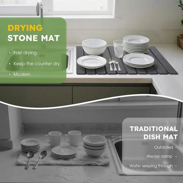 Alt view image 5 of 7 - Large Stone Dish Drying Mat for Kitchen Counter 24"×16" Collapsible Diatomaceous Earth Mat, Ultra Absorbent & Quick Dry, Foldable Drying Pad for Dishes, Bottles, Cups (Dark Grey)