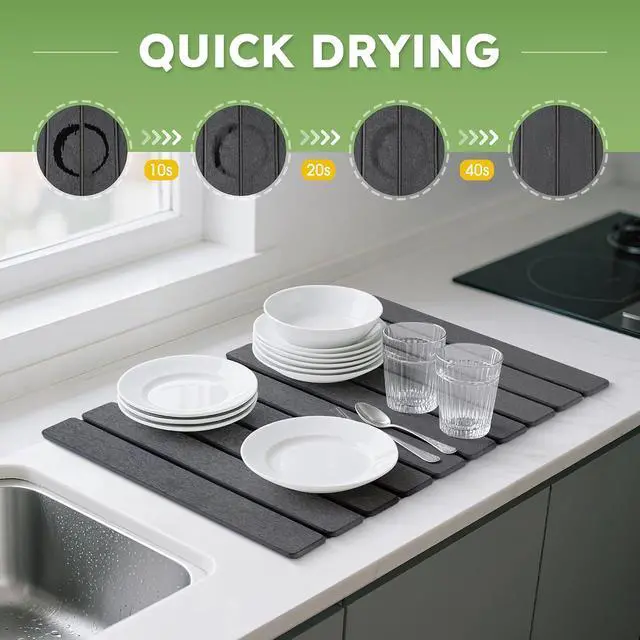 Alt view image 7 of 7 - Large Stone Dish Drying Mat for Kitchen Counter 24"×16" Collapsible Diatomaceous Earth Mat, Ultra Absorbent & Quick Dry, Foldable Drying Pad for Dishes, Bottles, Cups (Dark Grey)