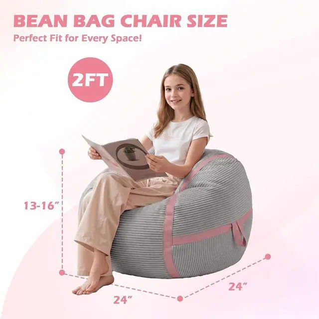Alt view image 2 of 7 - Bean Bag Chair, 2FT Bean Bag Chairs with Memory Foam Filled, Comfy Bean Bag Sofa with Portable Handle, Ultra-Soft Corduroy BeanBag for Living Room, Bedroom, No Assembly - Light Grey & Pink