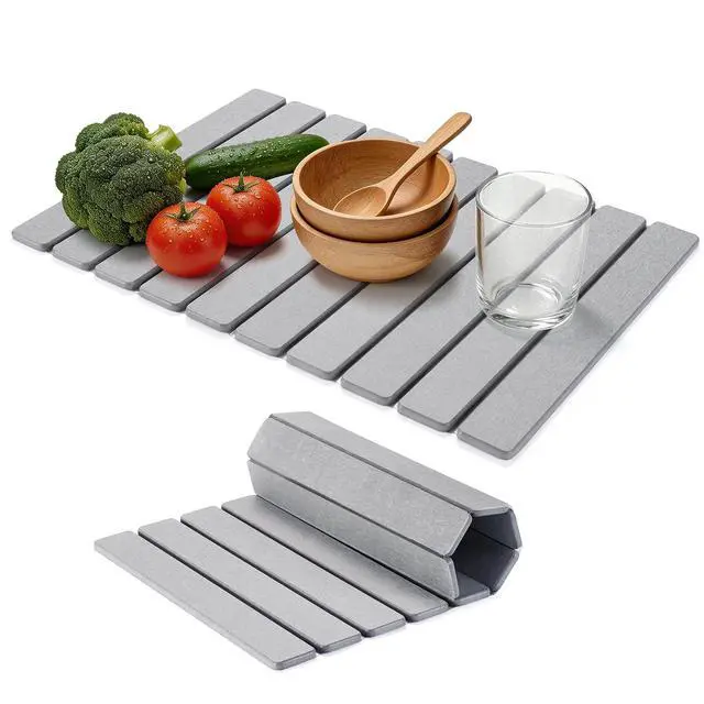 Main image of Large Stone Dish Drying Mat for Kitchen Counter 24"×16" Collapsible Diatomaceous Earth Mat, Ultra Absorbent & Quick Dry, Foldable Drying Pad for Dishes, Bottles, Cups (Light Grey)